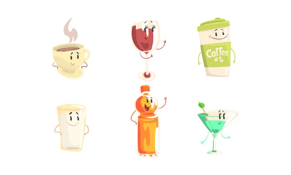 Grappige dranken Tekenfilm Karakters Collectie, Thee en Koffie Cup, Glas wijn, Martini en Melk, Fles sap Schattige dranken, Cafe, Restaurant Menu Design Element Vector Illustratie — Stockvector