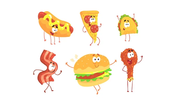 Komik Fast Food Çizgi Film Karakterleri Koleksiyonu, Hot Dog, Pizza, Tako, Jambon Dilimi, Burger, Kızarmış Tavuk Pirzolası, Cafe veya Restoran Menüsü Tasarım Element İllüstrasyonu — Stok Vektör
