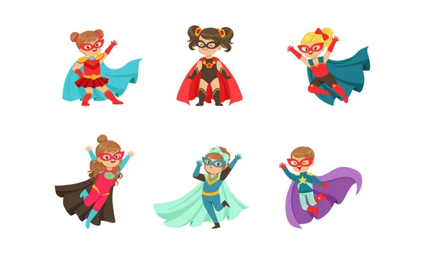 Adorable niño superhéroes en varias poses colección, lindo niños y niñas usando coloridos cómics trajes vectorial ilustración — Vector de stock