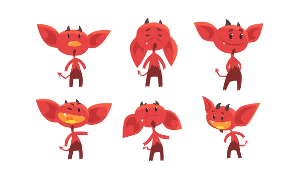 Cute Red Devil with Various Emotions and Actions Collection, Αστεία Demon Cartoon Character Εικονογράφηση διάνυσμα — Διανυσματικό Αρχείο