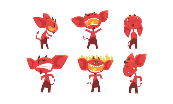 Diablo rojo lindo con varias emociones y acciones colección, personaje divertido de dibujos animados demonio con cuernos y cola Vector Ilustración — Vector de stock