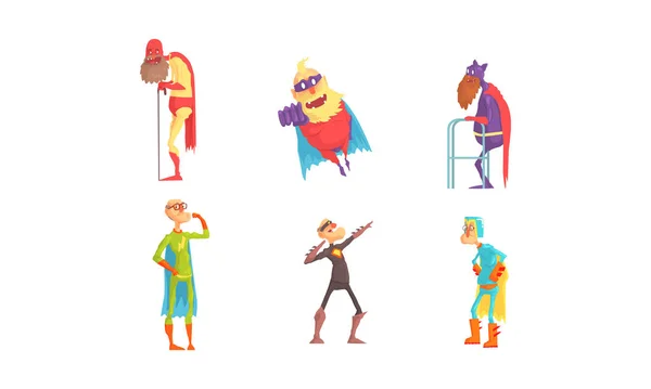 Komik Yaşlı Süper Kahramanlar Koleksiyonu, Yaşlılar Renkli Süper Kahraman Kostümleri Giyiyor Vektör İllüzyonu — Stok Vektör