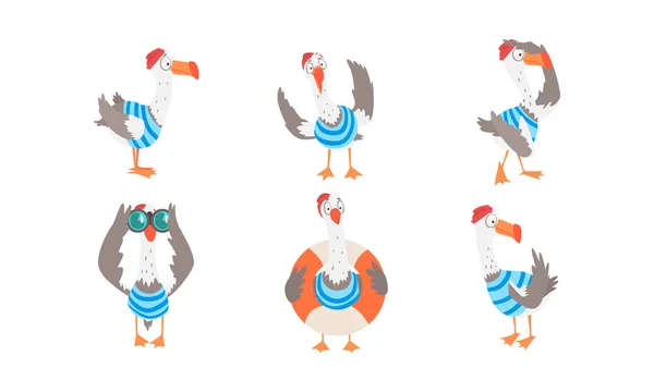 Seagull Sailor Collection, Funny Captain Bird Cartoon Character in Various Action Vector Illustration — Stockový vektor