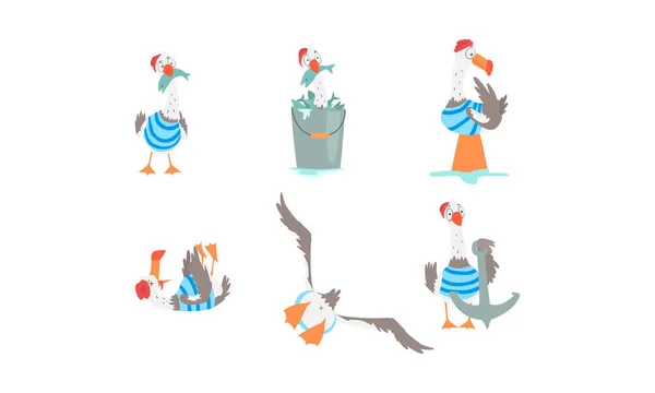 Marinheiro da gaivota na coleção de colete listrado, personagem engraçado dos desenhos animados do capitão pássaro em várias ações ilustração vetorial — Vetor de Stock