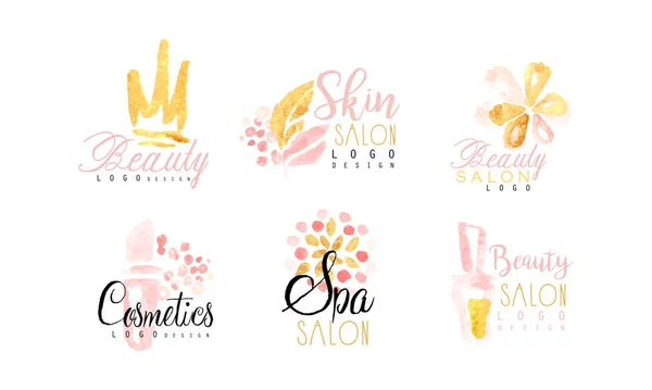 Beauty Salon Logo Design Collection, Spa, Skin, Cosmetics Watercolor Hand Drawn Badges Vector Illustration