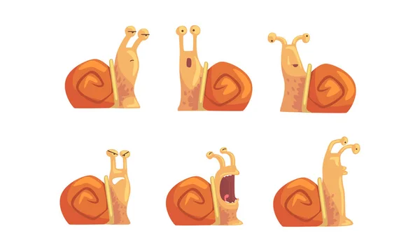 Snail with Different Emotions Collection, Cute Gastropod Mollusk Cartoon Character with Funny Face Vector Illustration — 스톡 벡터