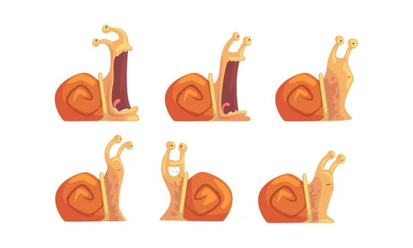 Lindo caracol marrón con diferente colección de emociones, personaje de dibujos animados del molusco de Gastropod con la ilustración divertida del vector de la cara — Vector de stock