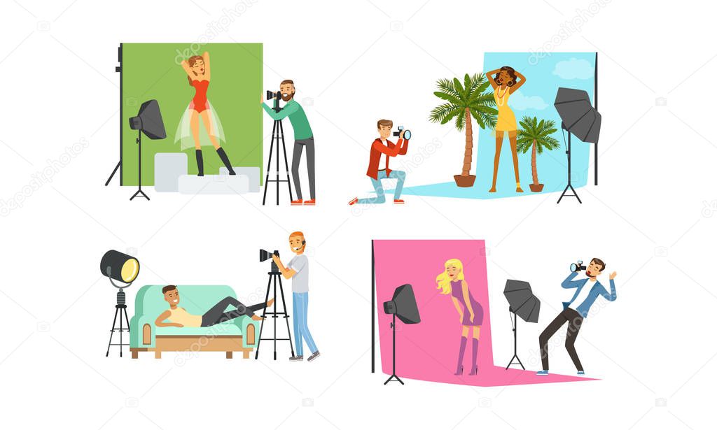 Photo Studio Collection, Male Photographers Taking Pictures of Models Posing for Photos with Professional Equipment Vector Illustration