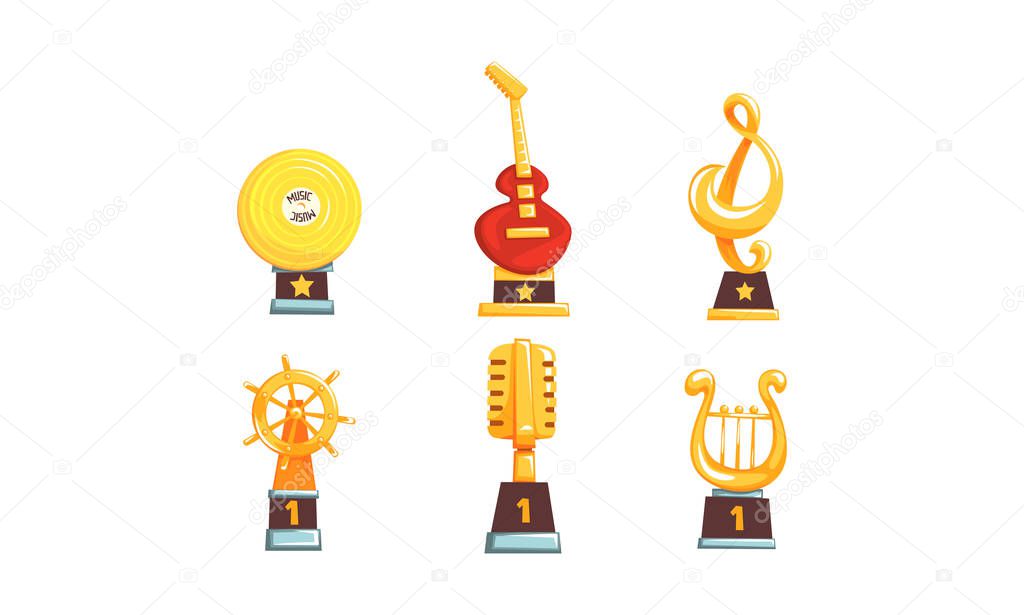 Golden Award Statuettes Collection, Music, Sport Trophies and Prizes Vector Illustration