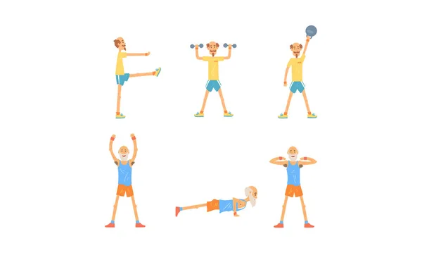 Mature Man Doing Morning Exercises Collection, Aged Person Doing Sports, People Engaged in Sports Vector Illustration — Stock Vector