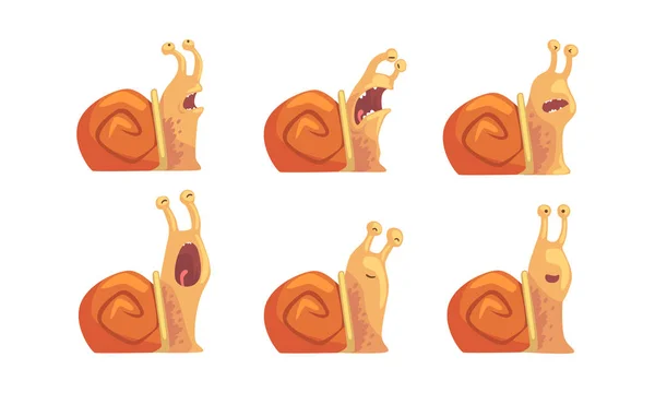 Cute Brown Snail with Different Emotions Collection, Comic Mollusk Cartoon Character with Funny Face Vector Illustration — 스톡 벡터
