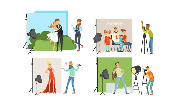 Photo Studio Collection, Male Photographers Taking Pictures of Different People with Professional Equipment Vector Illustration — 스톡 벡터