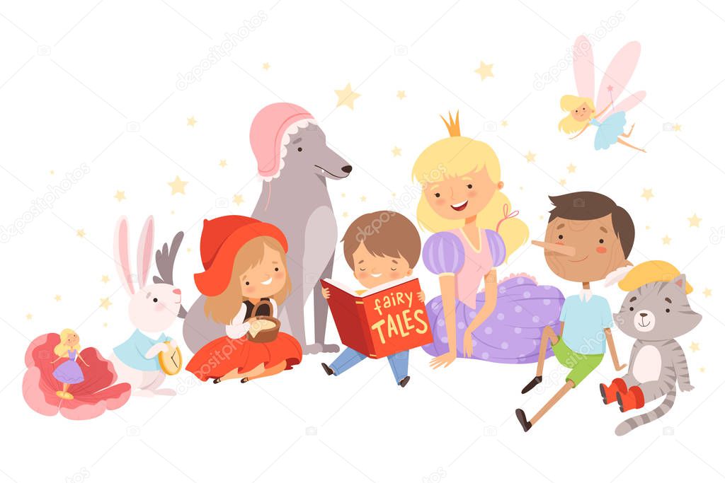 Little Boy Holding Opened Book Reading Fairy Tale with Fairy-tale Characters Sitting Behind Him Vector Illustration