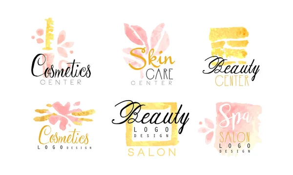 Cosmetics Center Logo Design Collection, Spa, Skin Care Beauty Salon Watercolor Hand Drawn Badges Vector Illustration — Stock Vector
