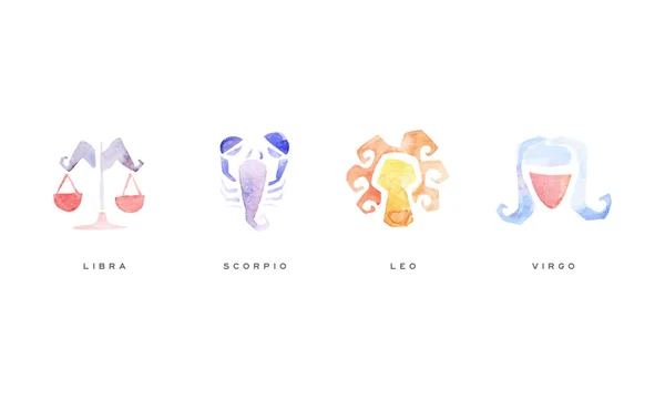 Set di segni zodiacali ad acquerello, Scorpione, Bilancia, Vergine, Illustrazione vettoriale Leone — Vettoriale Stock