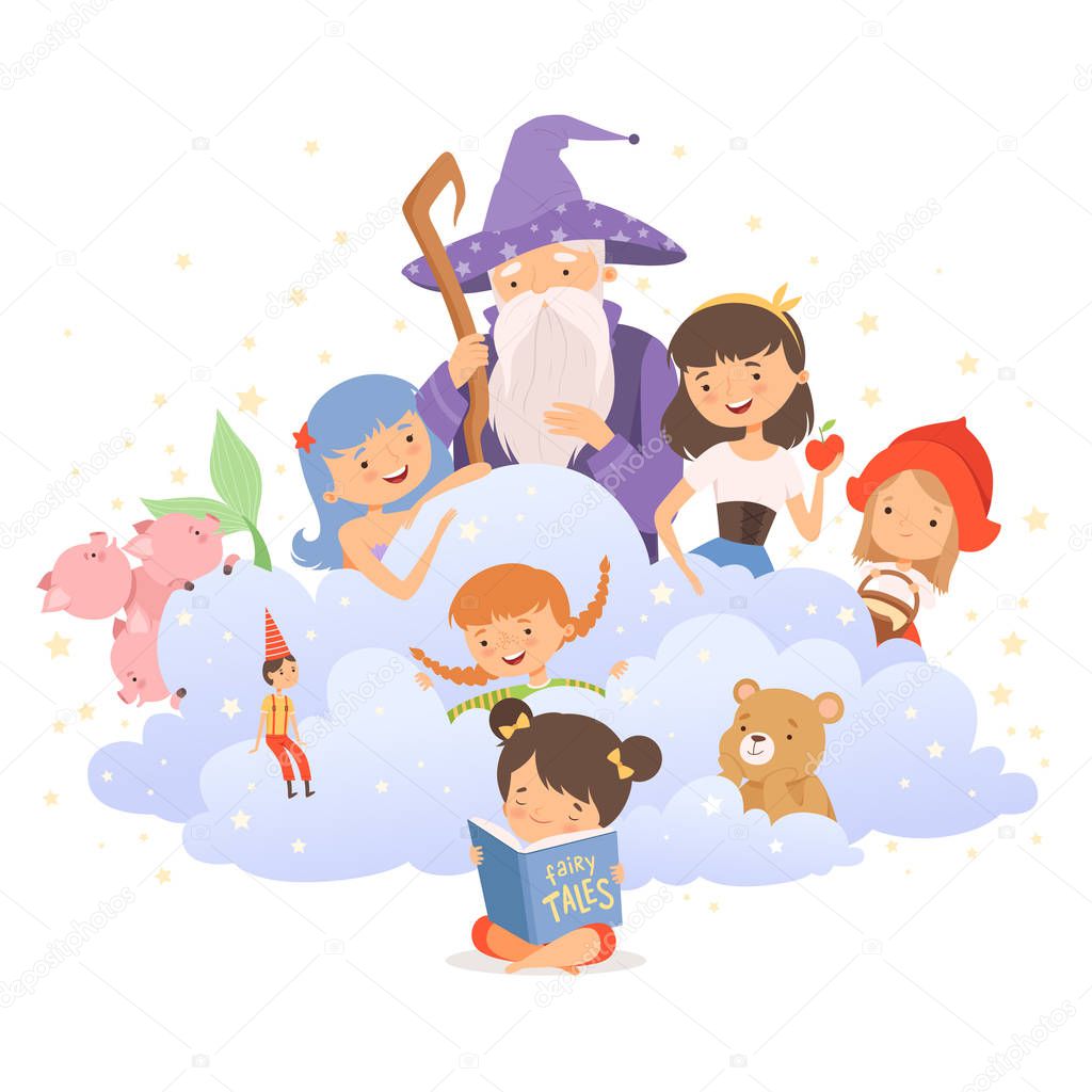 Little Girl Holding Opened Book Reading Fairy Tale with Fairy-tale Characters Sitting Behind Her Vector Illustration