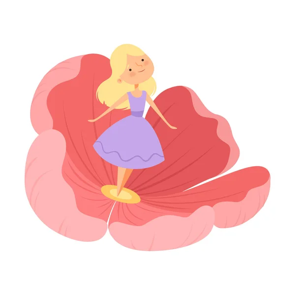 Cute Thumbelina Standing in Bloomed Flower Vector Illustration — 스톡 벡터