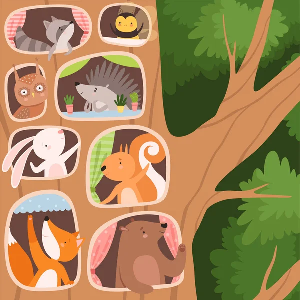 Animales divertidos dentro del hueco del árbol organizando sus acogedoras casas Vector Ilustración — Vector de stock