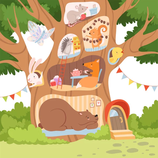 Lustige Tiere in der Baumhöhle arrangieren ihr gemütliches Zuhause Vektor Illustration — Stockvektor