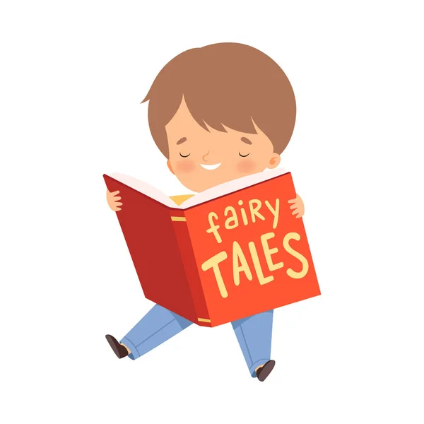 Little Boy Holding Opened Book Lezen Fairy Tale Vector Illustratie — Stockvector