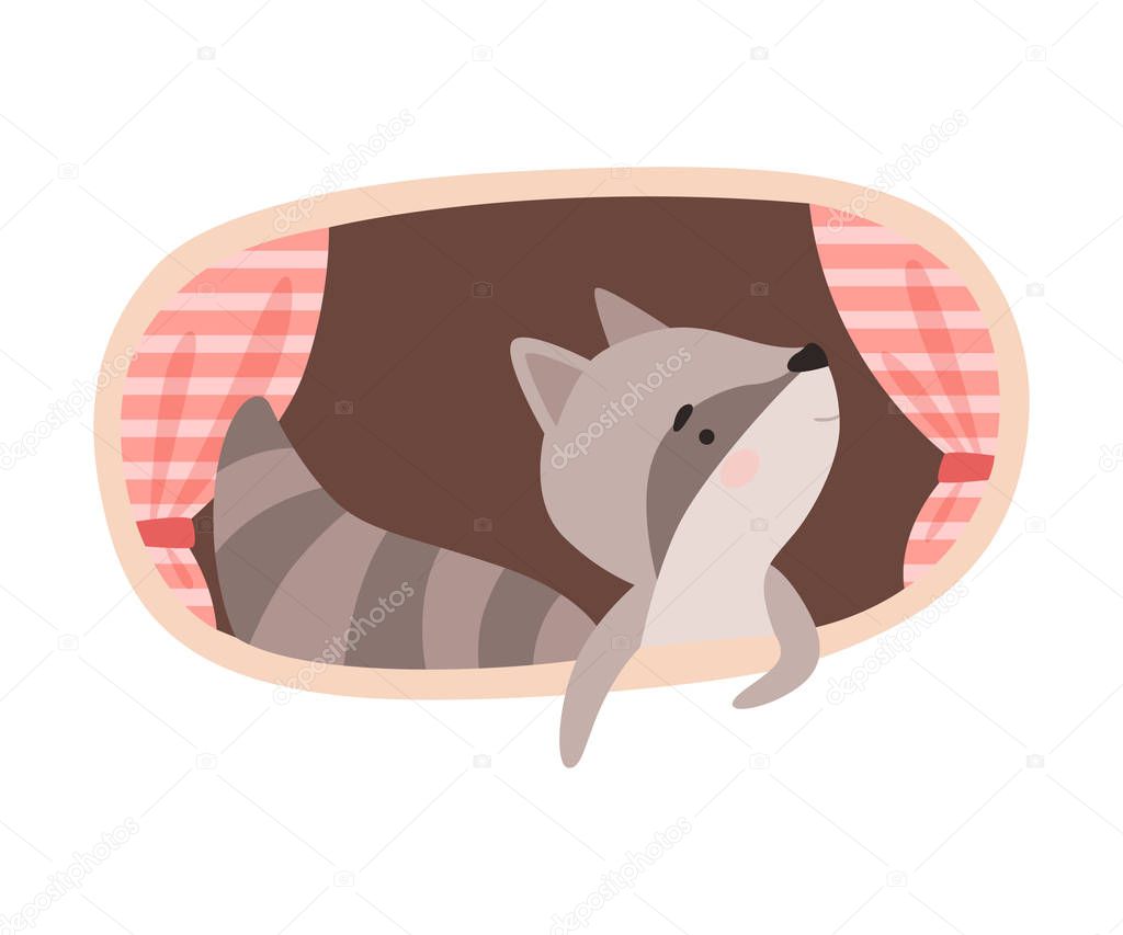 Funny Raccoon Peeped Out From Tree Hollow Vector Illustration