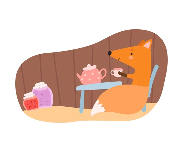 Fox Sitting at the Table and Drinking Tea in Its Tree Hollow Vector Illustration — Stock Vector