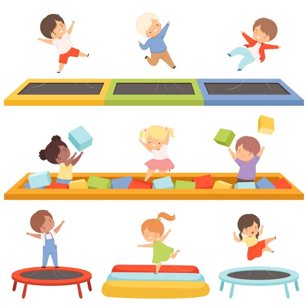 Cute Little Boys and Girls Bouncing on Trampolines and Playing in a Pool with Soft Cubes Collection, Happy Kid Trampolining and Having Fun on Playground, Active Children Leisure Vector Illustration — 스톡 벡터
