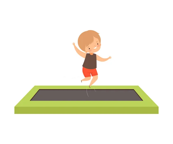 Cute Boy Bouncing na trampolinie prostokątny kształt, Happy Kid Trampolining i zabawy, aktywnych dzieci rekreacyjnych wektor ilustracji — Wektor stockowy
