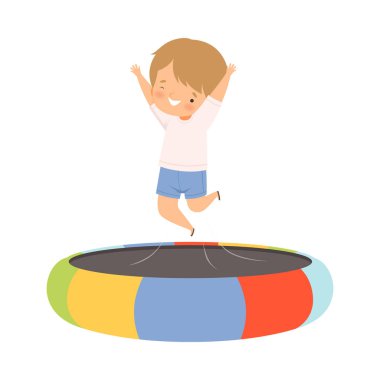 Trambolinde Zıplayan Mutlu Çocuk, Trambolinde Trambolinde Tramplende Tramplende Yürüyen Çocuk, Aktif Çocuklar, Boş Vektör Çizimi