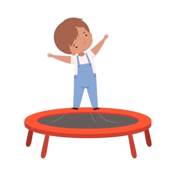 Ragazzo carino che rimbalza su un trampolino, Kid Trampolining e divertirsi, Illustrazione vettoriale attiva per il tempo libero dei bambini — Vettoriale Stock