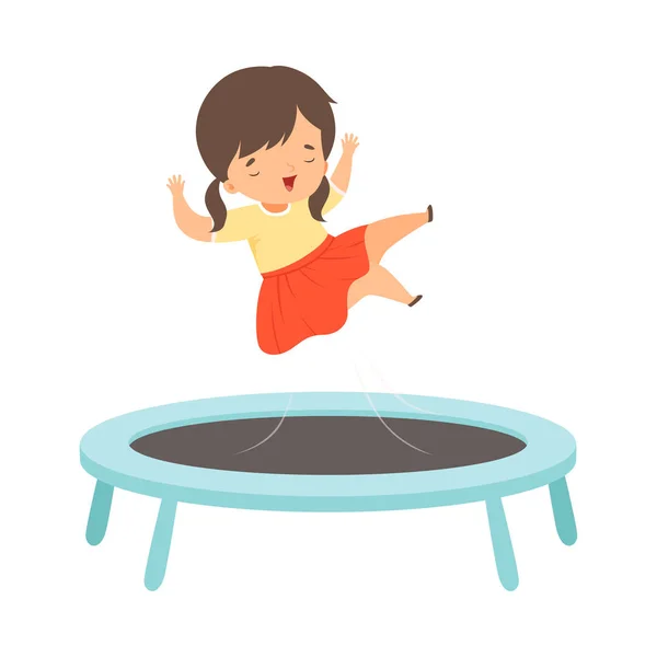 Linda chica morena rebotando en un trampolín, niño trampolín y divertirse, niños activos ocio Vector Ilustración — Vector de stock