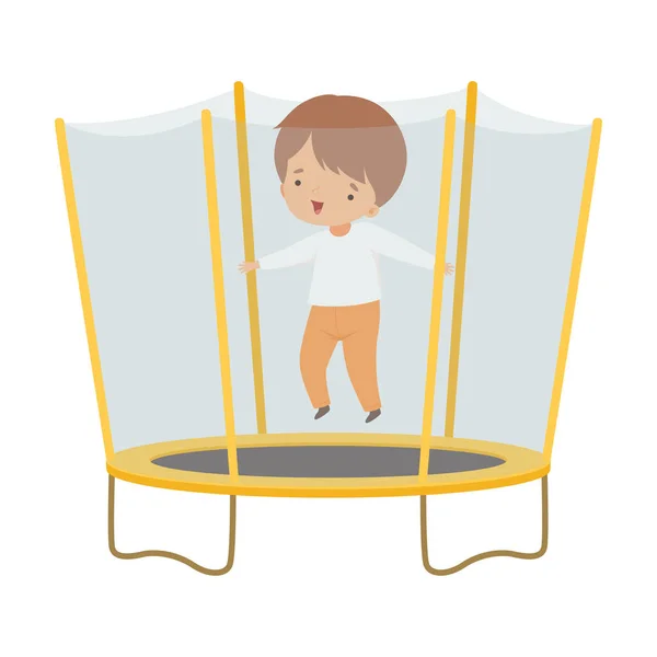 Niño lindo rebotando en un trampolín, niño feliz trampolín en un patio de recreo, Niños activos Ocio Vector Ilustración — Vector de stock