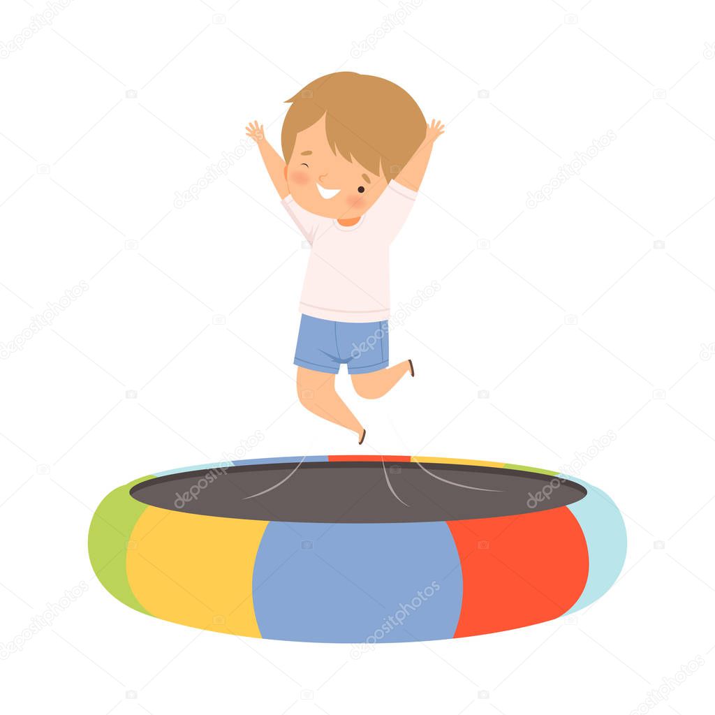 Happy Boy Bouncing on a Trampoline, Kid Trampolining and Having Fun, Active Children Leisure Vector Illustration
