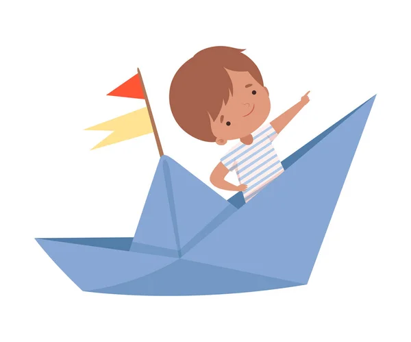 Lindo niño navegando en un barco de papel con banderas, niño señalando a la distancia Vector Ilustración — Vector de stock