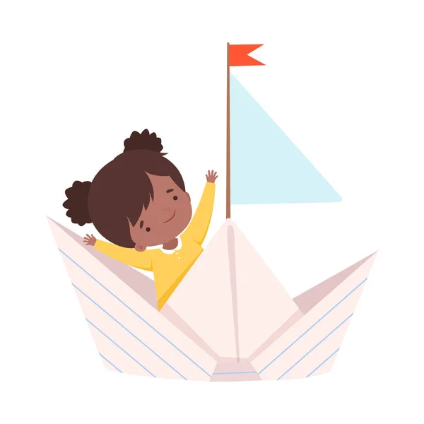 Cute Arican American Girl Sailing on a Paper Boat with Red Flag Vector Illustration — Stock Vector