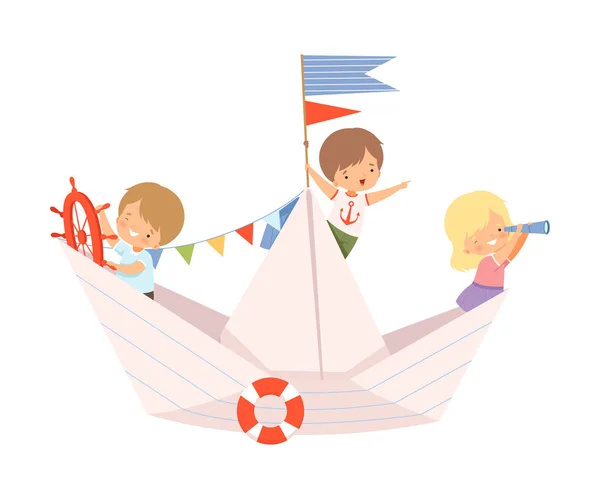 Tým malých dětí plachtění na papírové lodi s barevnými vlajkami a záchranné bóje vektorové ilustrace — Stockový vektor