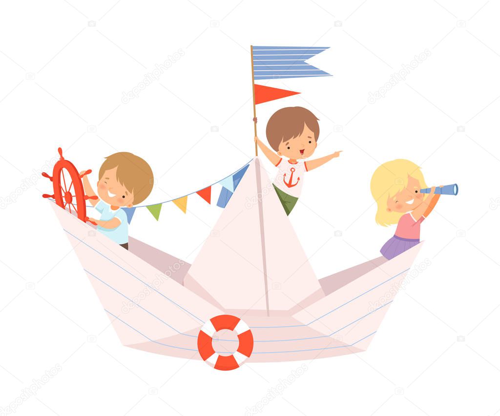 Team of Little Kids Sailing on a Paper Boat with Colorful Flags and Lifebuoy Vector Illustration