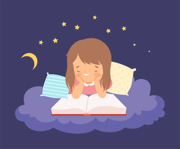 Roztomilé holčička ležící na mraku v noci a čtení pohádky před spaním vektorové ilustrace — Stockový vektor