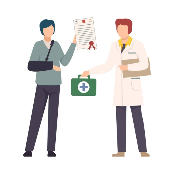 Young Man with Broken Arm Holding Health Benefits Document Vector Illustration — 스톡 벡터