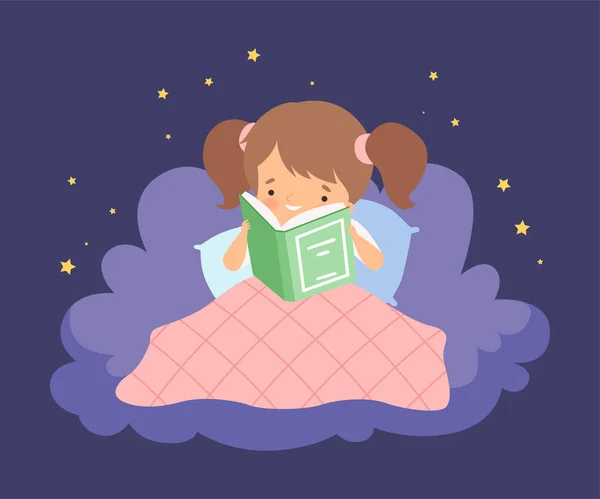 Cute Little Girl Sitting on a Cloud under the Blanket and Reading a Book Vector Illustration — Stok Vektör