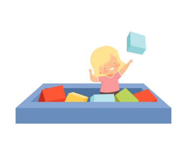 Cute Happy Little Girl Playing in a Pool with Soft Colorful Cubes, Active Children Leisure Vector Illustration