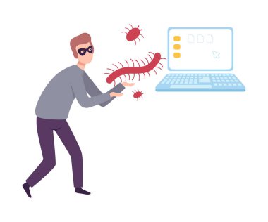 Masked Hacker Stealing Privacy Data from Laptop Using Virus and Bugs, Cyber Crime, Hacking and Phishing Vector Illustration