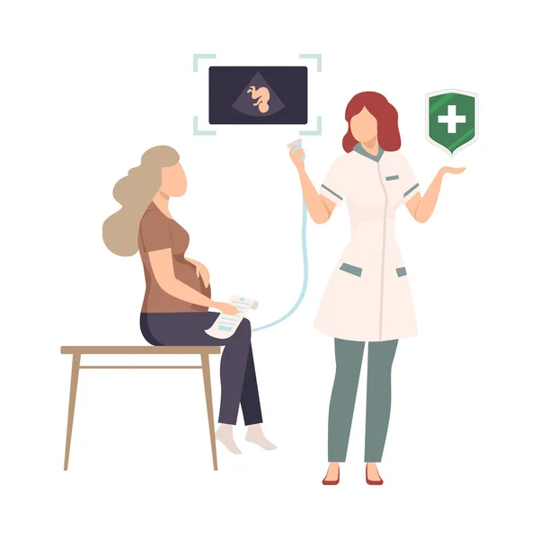 Young Pregnant Woman Getting Consultation at the Hospital. Health Benefits Document Vector Illustration — Stok Vektör