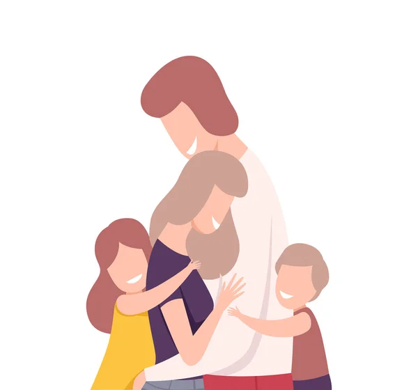 Happy Loving Family. Les parents souriants et leurs enfants s'embrassent Illustration vectorielle — Image vectorielle