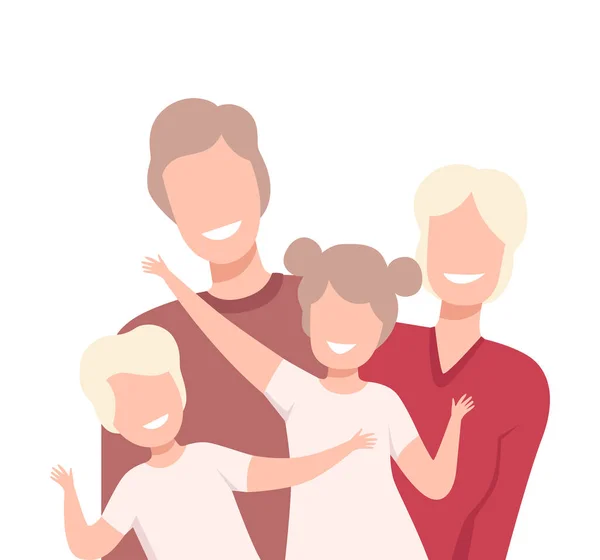 Feliz Familia Amantísima. Los padres sonrientes y sus hijos de pie uno junto al otro posando ilustración vectorial — Vector de stock