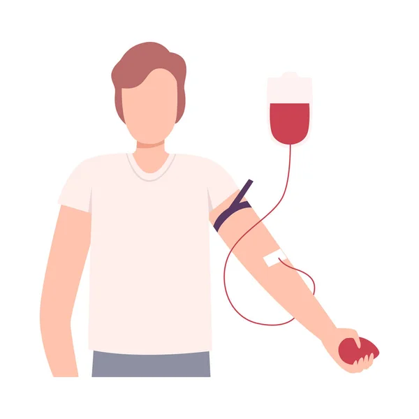 Donante masculino que dona sangre en hospital médico, donación de sangre Ilustración plana de vectores — Archivo Imágenes Vectoriales