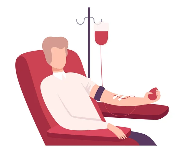 Donante masculino donando sangre en hospital médico, carácter voluntario sentado en silla médica, donación de sangre Vector plano Ilustración — Archivo Imágenes Vectoriales