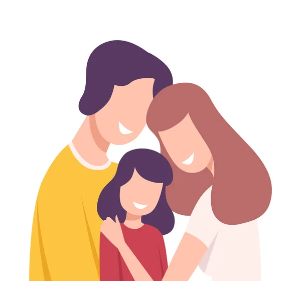 家族を愛している。両親と娘の笑顔が互いの近くに立っているベクトルイラストを掲載 — ストックベクタ