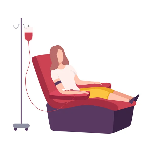 女性医師が病院で血液を出す、女性は医療椅子に座って献血フラットベクトルイラスト — ストックベクタ