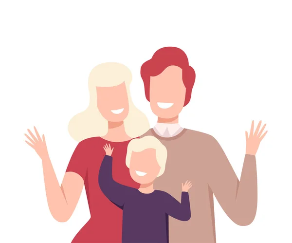 प्रेमळ कुटुंब. स्मित पालक आणि त्यांचा मुलगा एकमेकांच्या जवळ उभे वेक्टर इलस्ट्रेशन — स्टॉक व्हेक्टर